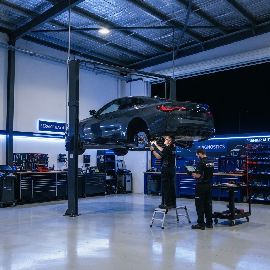 A car on a lift being inspected in a modern garage