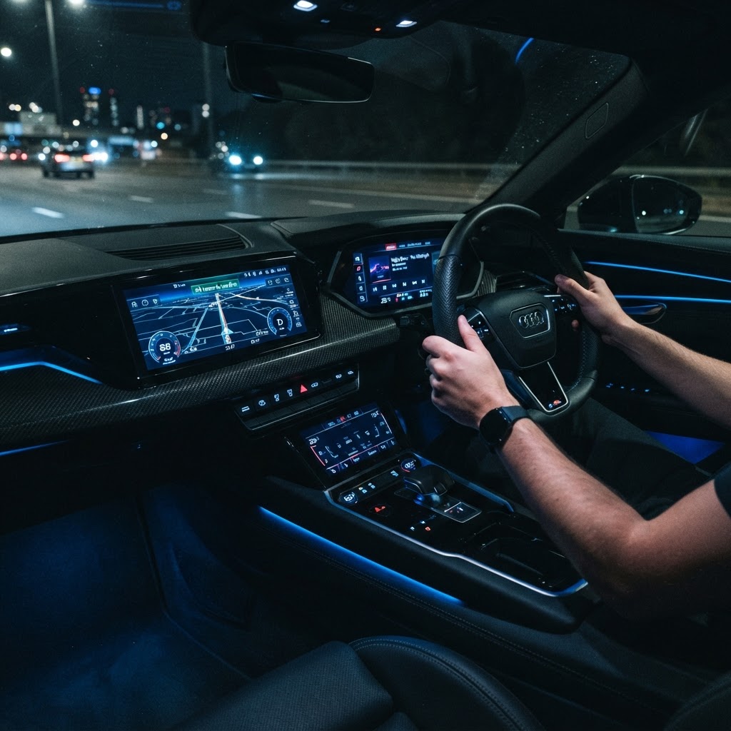A car dashboard at night with blue ambient lighting