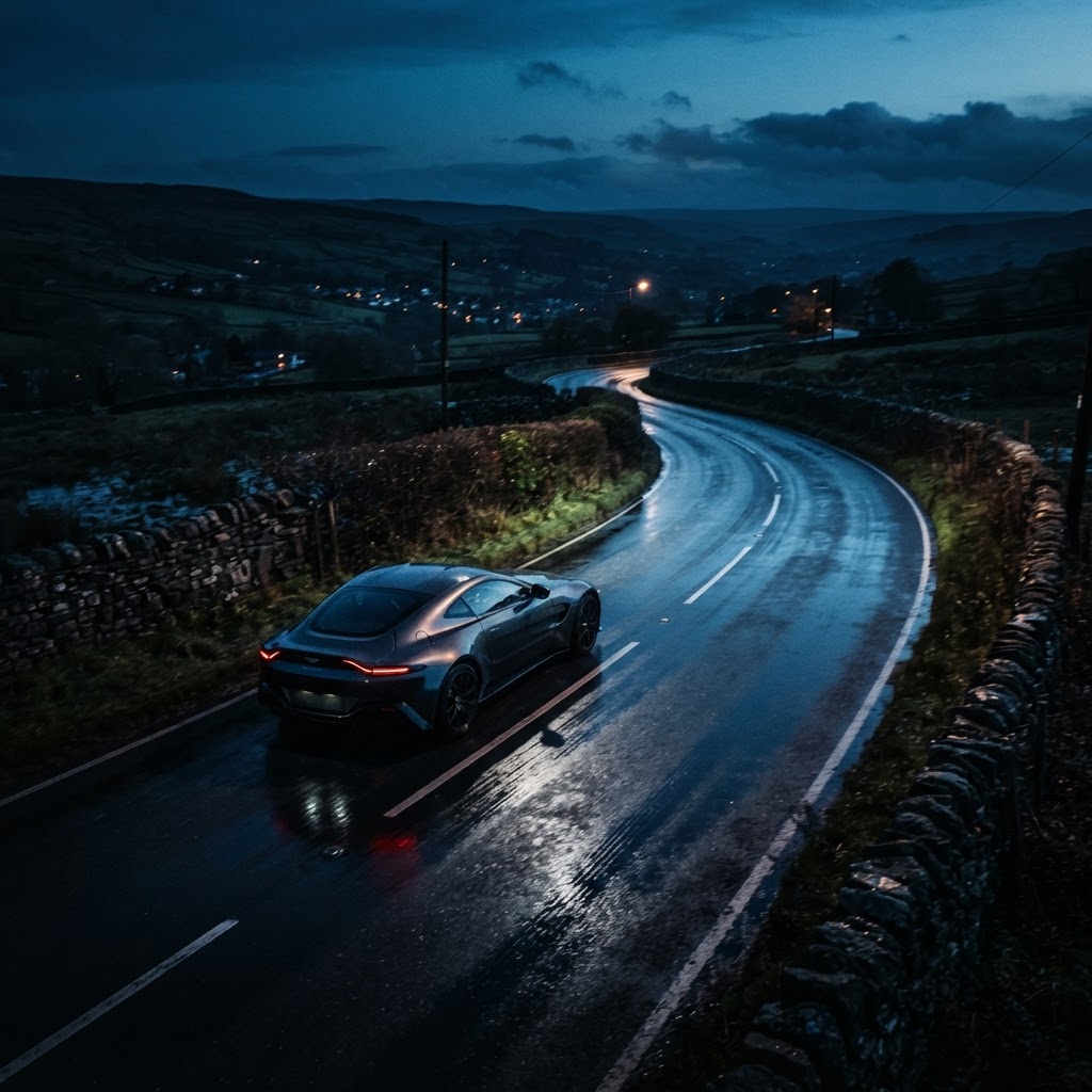 A car driving on a wet road at night with blue lighting