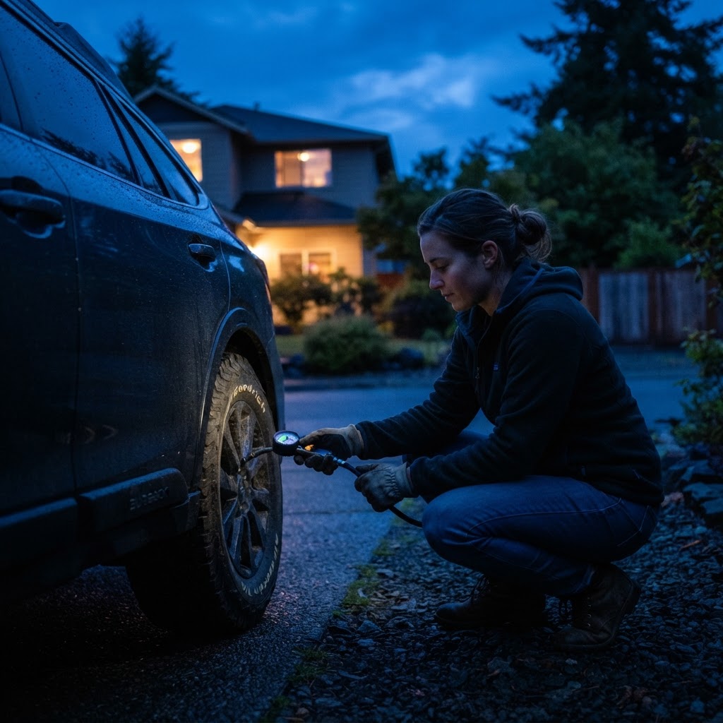 A person checking tyre pressure on a car at dusk